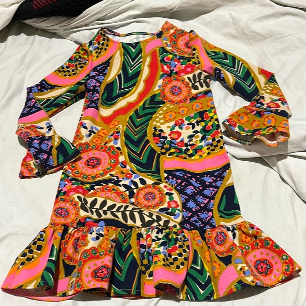 lands end floral abstract paisley drop waist ruffled hemline & sleeve dress euc